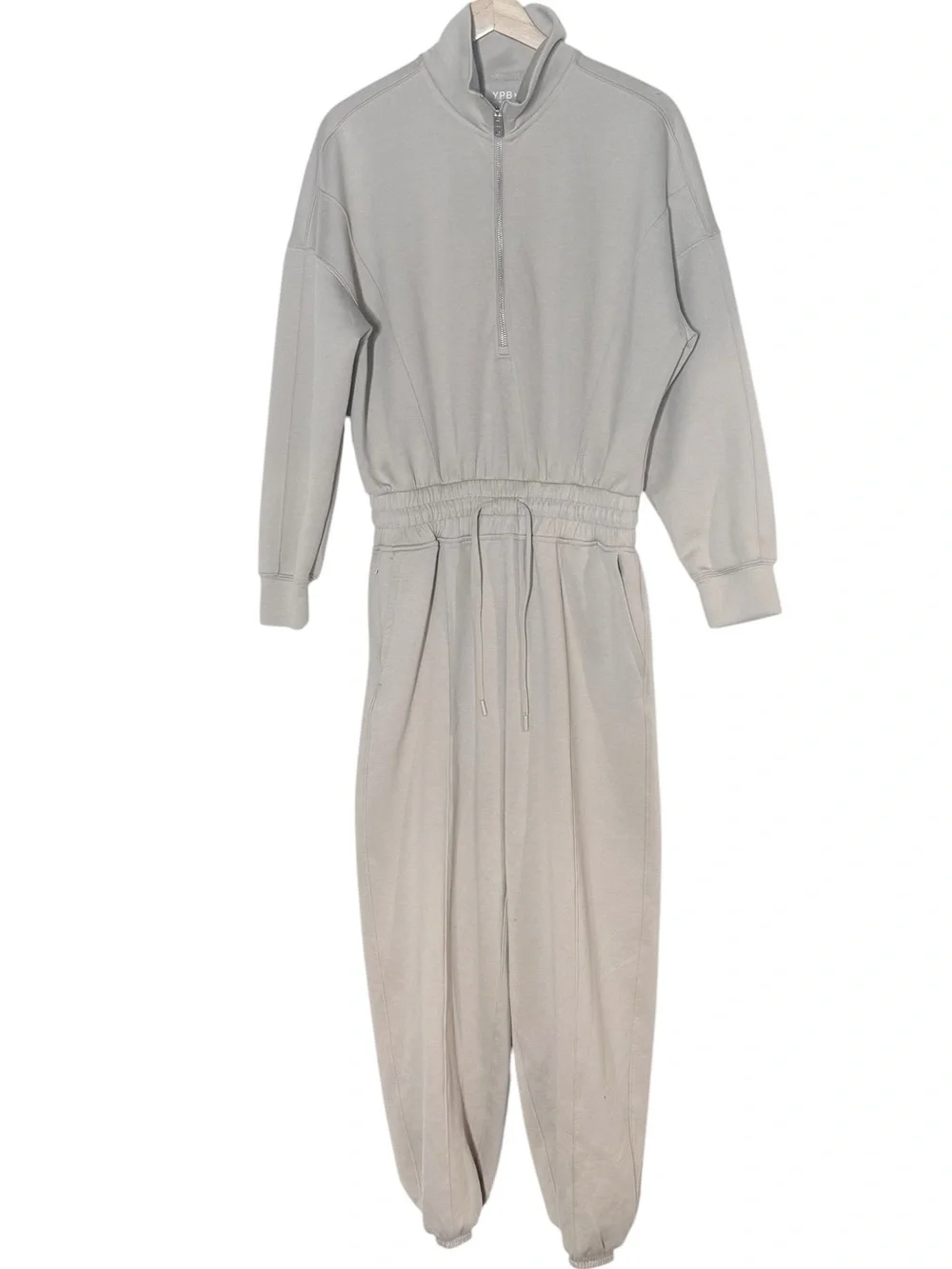 Abercrombie YPB NeoKnit Scuba Knit Half Zip Jogger JumpSuit Size S Beige Gray